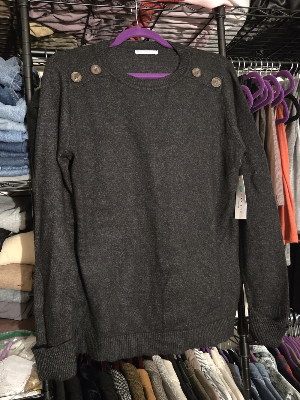 NWT Dark Gray Button-Shoulder Crewneck Sweater